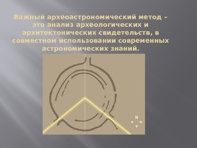 Важный археоастрономический метод – это анализ археологических и архитектонических свидетельств, в совместном использовании современных астрономических знаний.  