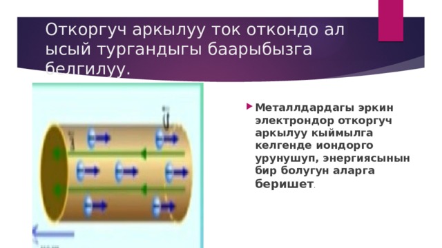 Откоргуч аркылуу ток откондо ал ысый тургандыгы баарыбызга белгилуу. Металлдардагы эркин электрондор откоргуч аркылуу кыймылга келгенде иондорго урунушуп, энергиясынын бир болугун аларга беришет . 