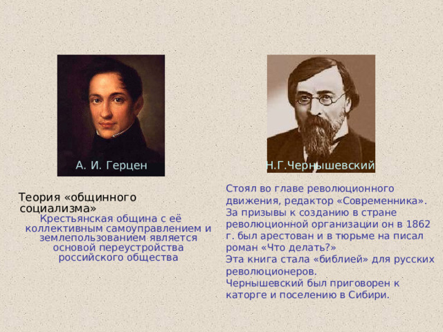А. И. Герцен Н.Г.Чернышевский Стоял во главе революционного движения, редактор «Современника». За призывы к созданию в стране революционной организации он в 1862 г. был арестован и в тюрьме на писал роман «Что делать?» Эта книга стала «библией» для русских революционеров. Чернышевский был приговорен к каторге и поселению в Сибири.  Теория «общинного социализма» Крестьянская община с её коллективным самоуправлением и землепользованием является основой переустройства российского общества 