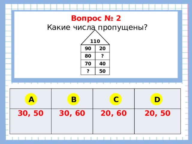     Вопрос № 2  Какие числа пропущены?        110 90 20 80 ? 70 40 ? 50 30, 50 30, 60 20, 60 20, 50 A B C D 