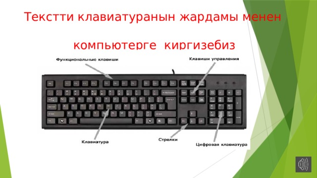 Текстти клавиатуранын жардамы менен  компьютерге киргизебиз 