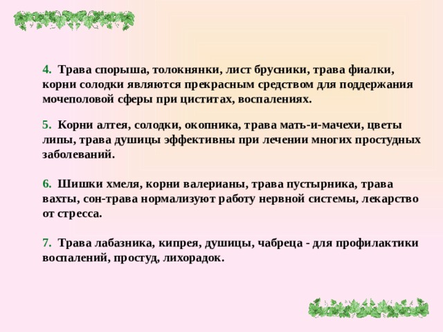 4. Трава спорыша, толокнянки, лист брусники, трава фиалки, корни солодки являются прекрасным средством для поддержания мочеполовой сферы при циститах, воспалениях. 5. Корни алтея, солодки, окопника, трава мать-и-мачехи, цветы липы, трава душицы эффективны при лечении многих простудных заболеваний.   6. Шишки хмеля, корни валерианы, трава пустырника, трава вахты, сон-трава нормализуют работу нервной системы, лекарство от стресса.   7. Трава лабазника, кипрея, душицы, чабреца - для профилактики воспалений, простуд, лихорадок.    