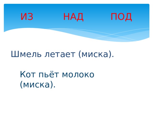 ИЗ НАД ПОД Шмель летает (миска). Кот пьёт молоко (миска). 