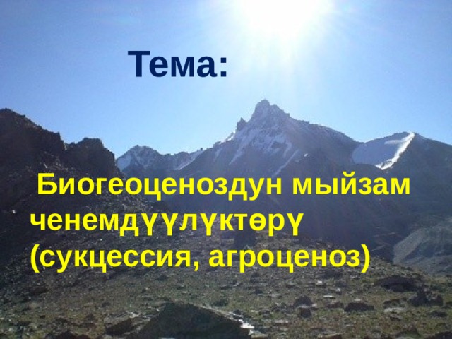  Тема:   Биогеоценоздун мыйзам ченемдүүлүктөрү (сукцессия, агроценоз) 