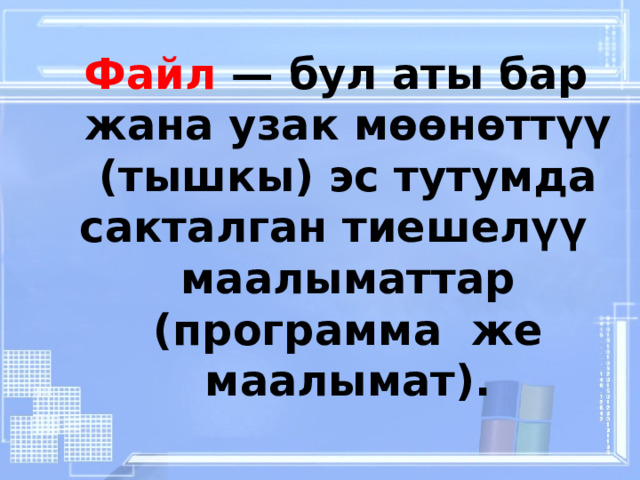 Файл  — бул аты бар жана узак мөөнөттүү (тышкы) эс тутумда сакталган тиешелүү маалыматтар (программа же маалымат). 