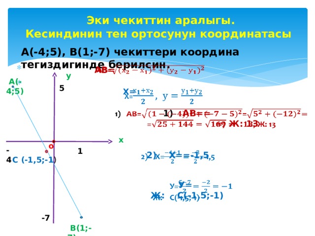  Эки чекиттин аралыгы.  Кесиндинин тен ортосунун координатасы А(-4;5), В(1;-7) чекиттери координа тегиздигинде берилсин.           АВ= у  А(-4;5) 5   Х=   1) АВ==  =; Ж: 13 х о -4 1 2) Х==-1,5   С (-1,5;-1 )  У=   Ж: С(-1,5;-1) -7  В(1;-7) 