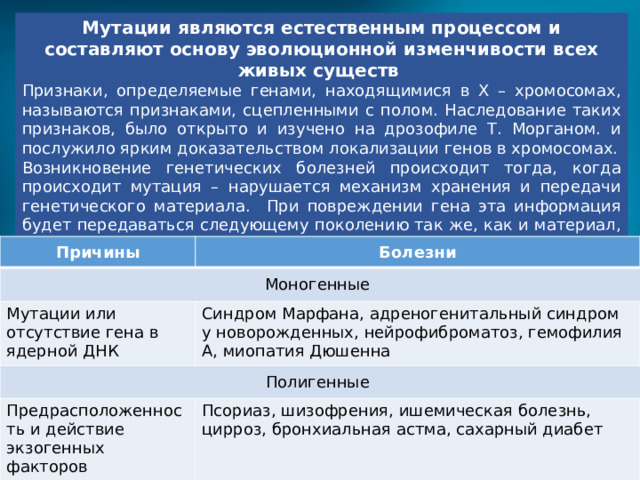 Мутации являются естественным процессом и составляют основу эволюционной изменчивости всех живых существ Признаки, определяемые генами, находящимися в Х – хромосомах, называются признаками, сцепленными с полом. Наследование таких признаков, было открыто и изучено на дрозофиле Т. Морганом. и послужило ярким доказательством локализации генов в хромосомах. Возникновение генетических болезней происходит тогда, когда происходит мутация – нарушается механизм хранения и передачи генетического материала. При повреждении гена эта информация будет передаваться следующему поколению так же, как и материал, не подвергшийся мутации. Причины Моногенные Болезни Мутации или отсутствие гена в ядерной ДНК Синдром Марфана, адреногенитальный синдром у новорожденных, нейрофиброматоз, гемофилия А, миопатия Дюшенна Полигенные Предрасположенность и действие экзогенных факторов Псориаз, шизофрения, ишемическая болезнь, цирроз, бронхиальная астма, сахарный диабет 