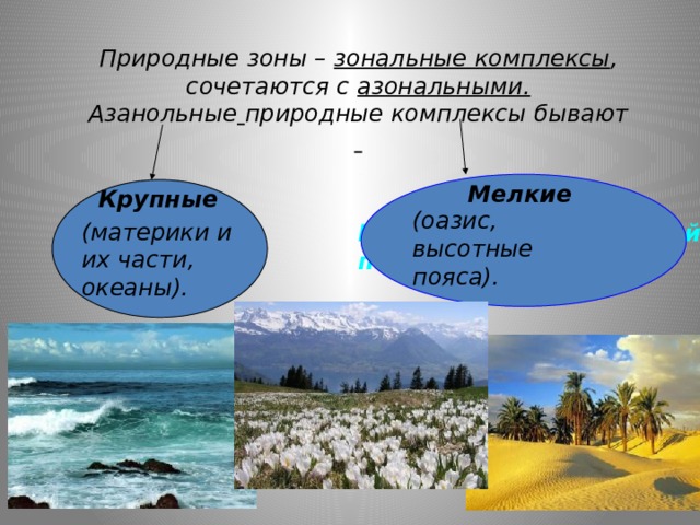 Природные зоны – зональные комплексы , сочетаются с азональными.  Азанольные  природные комплексы бывают     Мелкие Крупные (оазис, высотные пояса). (материки и их части, океаны). Мелкие (оазис, высотной пояс). 