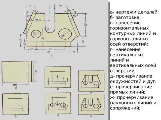 а- чертежи деталей; б- заготовка; в- нанесение горизонтальных контурных линий и горизонтальных осей отверстий; г- нанесение вертикальных линий и вертикальных осей отверстий; д- прочерчивание окружностей и дуг; е- прочерчивание прямых линий; ж- прочерчивание наклонных линий и сопряжений; 