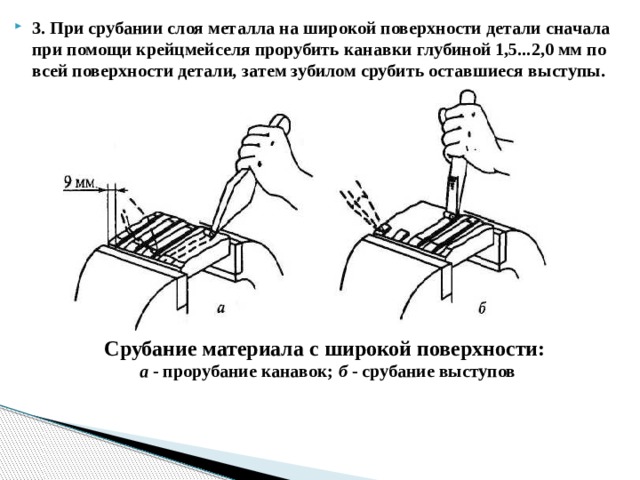 3. При срубании слоя металла на широкой поверхности детали сначала при помощи крейцмейселя прорубить канавки глубиной 1,5...2,0 мм по всей поверхности детали , затем зубилом срубить оставшиеся выступы . Срубание материала с широкой поверхности: а - прорубание канавок; б - срубание выступов  