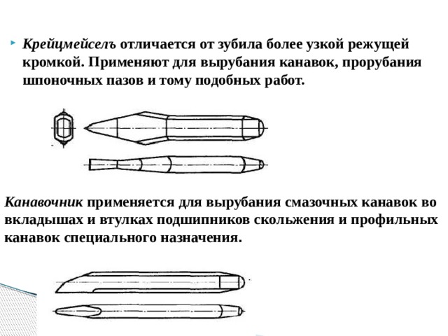 Крейцмейселъ отличается от зубила более узкой режущей кромкой. Применяют для вырубания канавок, прорубания шпоночных пазов и тому подобных работ. Канавочник применяется для вырубания смазочных канавок во вкладышах и втулках подшипников скольжения и профильных канавок специального назначения .  