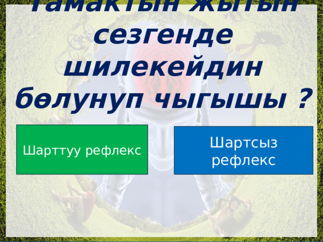  Тамактын жытын сезгенде шилекейдин бөлунуп чыгышы ? Шарттуу рефлекс Шартсыз рефлекс 