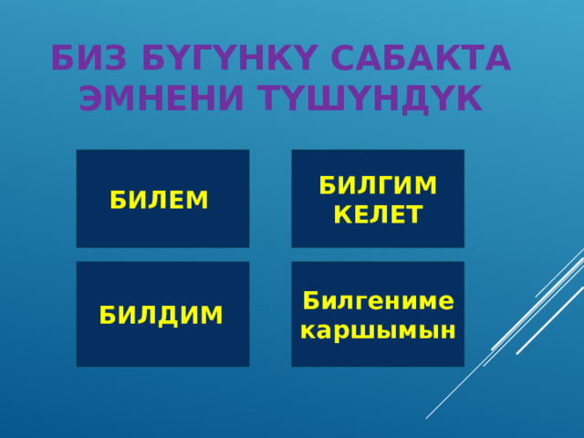 Биз бYгYнкY сабакта эмнени тYшYндYк БИЛЕМ  БИЛГИМ КЕЛЕТ БИЛДИМ  Билгениме каршымын 