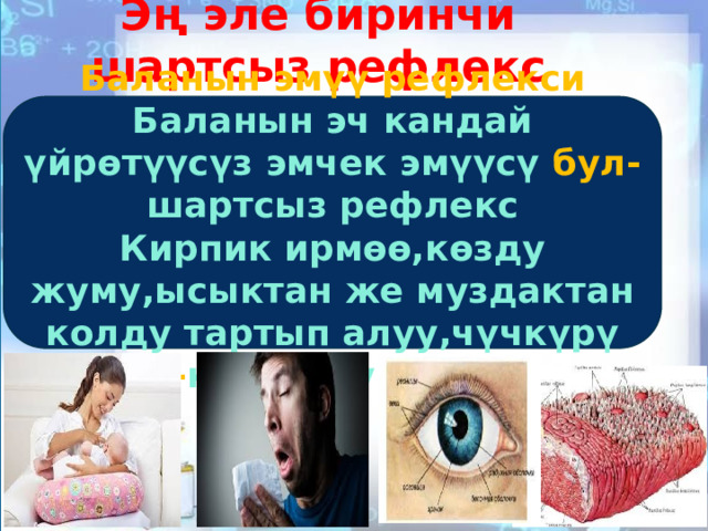 Эң эле биринчи шартсыз рефлекс  Баланын эмүү рефлекси Баланын эч кандай үйрөтүүсүз эмчек эмүүсү бул- шартсыз рефлекс Кирпик ирмөө,көзду жуму,ысыктан же муздактан колду тартып алуу,чүчкүрү бул- коргоону рефлекс 