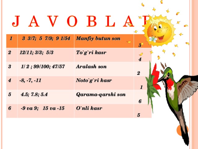  1  3 3/7; 5 7/9; 9 1/54 2 12/11; 3/3; 5/3 3 Manfiy butun son  1/ 2 ; 99/100; 47/57 4   3 To`g`ri kasr   4 -8, -7, -11 5 Aralash son   2 Noto`g`ri kasr 6  4.5; 7.8; 5.4   1  -9 va 9; 15 va -15 Qarama-qarshi son   6 O`nli kasr   5 