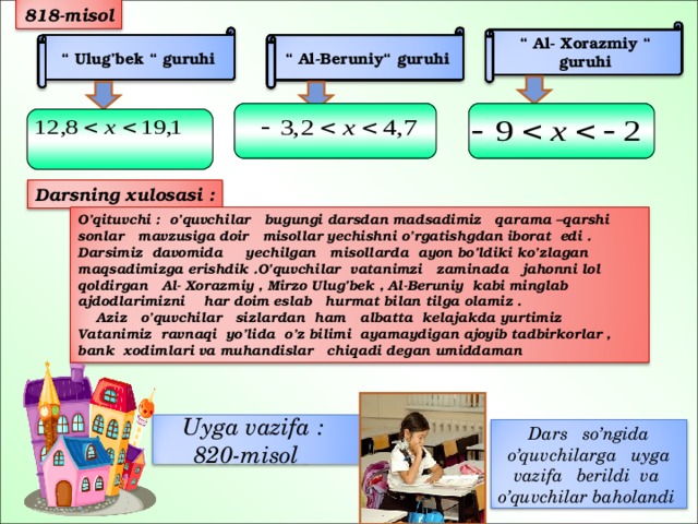 818-misol “ Al- Xorazmiy “ guruhi “ Ulug’bek “ guruhi “ Al-Beruniy“ guruhi   Darsning xulosasi : O’qituvchi : o’quvchilar bugungi darsdan madsadimiz qarama –qarshi sonlar mavzusiga doir misollar yechishni o’rgatishgdan iborat edi . Darsimiz davomida yechilgan misollarda ayon bo’ldiki ko’zlagan maqsadimizga erishdik .O’quvchilar vatanimzi zaminada jahonni lol qoldirgan Al- Xorazmiy , Mirzo Ulug’bek , Al-Beruniy kabi minglab ajdodlarimizni har doim eslab hurmat bilan tilga olamiz .  Aziz o’quvchilar sizlardan ham albatta kelajakda yurtimiz Vatanimiz ravnaqi yo’lida o’z bilimi ayamaydigan ajoyib tadbirkorlar , bank xodimlari va muhandislar chiqadi degan umiddaman Uyga vazifa : 820-misol Dars so’ngida o’quvchilarga uyga vazifa berildi va o’quvchilar baholandi 