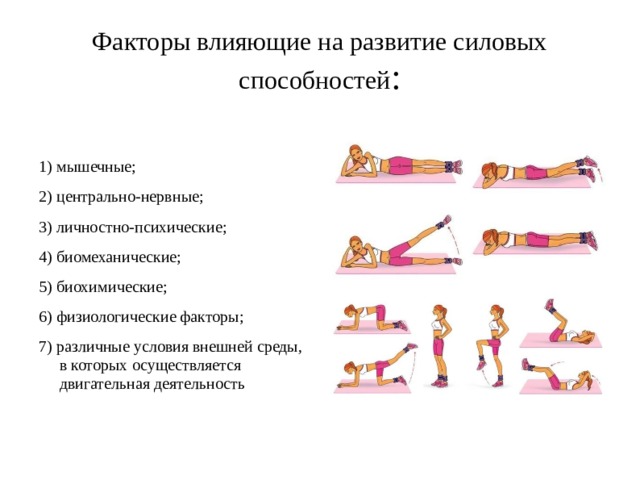 Факторы влияющие на развитие силовых способностей : 1) мышечные; 2) центрально-нервные; 3) личностно-психические; 4) биомеханические; 5) биохимические; 6) физиологические факторы; 7) различные условия внешней среды, в которых осуществляется двигательная деятельность 