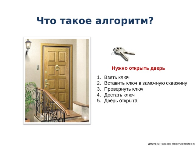 Что такое алгоритм? Нужно открыть дверь Взять ключ Вставить ключ в замочную скважину Провернуть ключ Достать ключ Дверь открыта  Дмитрий Тарасов, http://videouroki.net 