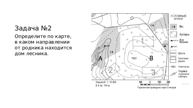 Задача №2 Определите по карте, в каком направлении от родника находится дом лесника. 