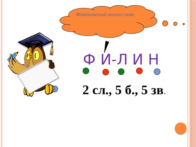 Фонетический анализ слова Ф И-Л И Н 2 сл., 5 б., 5 зв . 