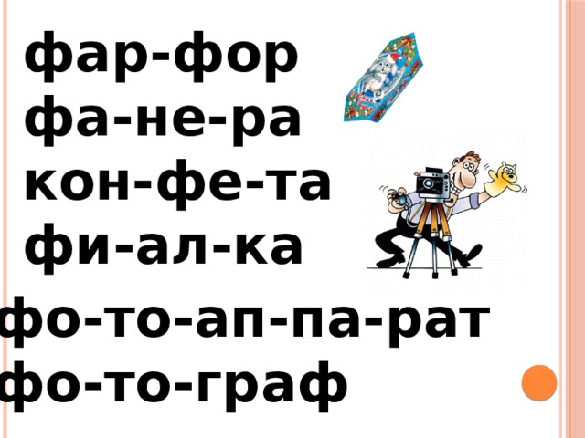 фар-фор фа-не-ра кон-фе-та фи-ал-ка фо-то-ап-па-рат фо-то-граф 
