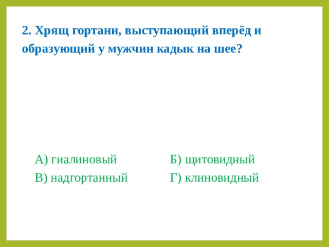 2.  Хрящ гортани, выступающий вперёд и образующий у мужчин кадык на шее?       А) гиалиновый     Б) щитовидный  В) надгортанный    Г) клиновидный 