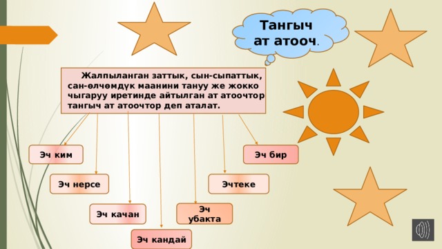 Тангыч ат атооч .  Жалпыланган заттык, сын-сыпаттык, сан-өлчөмдүк маанини тануу же жокко чыгаруу иретинде айтылган ат атоочтор тангыч ат атоочтор деп аталат. Эч ким Эч бир Эч нерсе Эчтеке Эч убакта Эч качан Эч кандай 