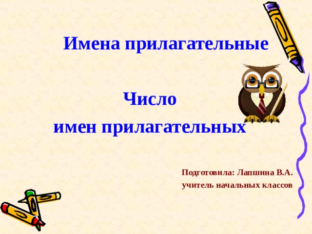  Имена прилагательные  Число имен прилагательных  Подготовила: Лапшина В.А.  учитель начальных классов 