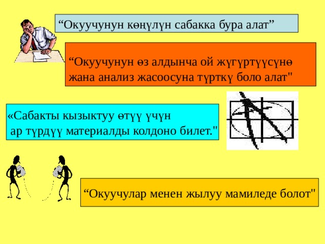      “ Окуучунун көңүлүн сабакка бура алат” “ Окуучунун өз алдынча ой жүгүртүүсүнө жана анализ жасоосуна түрткү боло алат