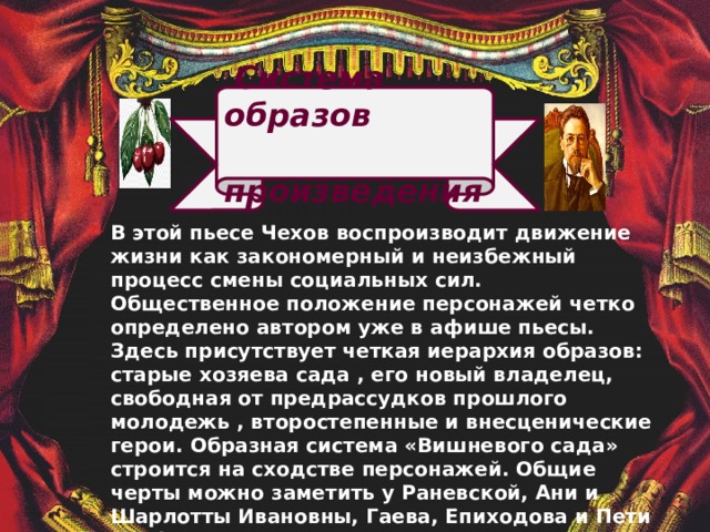   Система образов  произведения  В этой пьесе Чехов воспроизводит движение жизни как закономерный и неизбежный процесс смены социальных сил. Общественное положение персонажей четко определено автором уже в афише пьесы. Здесь присутствует четкая иерархия образов: старые хозяева сада , его новый владелец, свободная от предрассудков прошлого молодежь , второстепенные и внесценические герои. Образная система «Вишневого сада» строится на сходстве персонажей. Общие черты можно заметить у Раневской, Ани и Шарлотты Ивановны, Гаева, Епиходова и Пети Трофимова. Кроме того, героев пьесы объединяет внутреннее одиночество и ощущение кризиса бытия.              