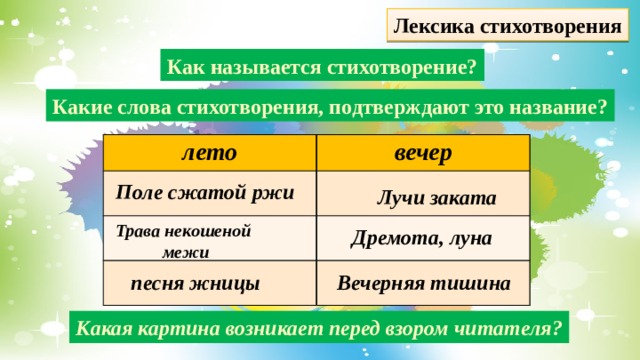 Лексика стихотворения Как называется стихотворение? Какие слова стихотворения, подтверждают это название? лето вечер   Поле сжатой ржи Лучи заката Трава некошеной межи Дремота, луна  песня жницы Вечерняя тишина Какая картина возникает перед взором читателя?  