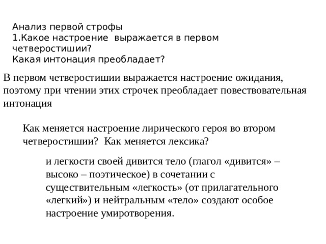 Анализ первой строфы 1.Какое настроение выражается в первом четверостишии? Какая интонация преобладает? В первом четверостишии выражается настроение ожидания, поэтому при чтении этих строчек преобладает повествовательная интонация Как меняется настроение лирического героя во втором четверостишии? Как меняется лексика? и легкости своей дивится тело (глагол «дивится» – высоко – поэтическое) в сочетании с существительным «легкость» (от прилагательного «легкий») и нейтральным «тело» создают особое настроение умиротворения.   
