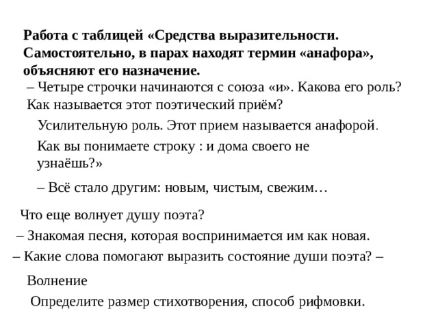 Работа с таблицей «Средства выразительности. Самостоятельно, в парах находят термин «анафора», объясняют его назначение. – Четыре строчки начинаются с союза «и». Какова его роль? Как называется этот поэтический приём? Усилительную роль. Этот прием называется анафорой . Как вы понимаете строку : и дома своего не узнаёшь?» – Всё стало другим: новым, чистым, свежим… Что еще волнует душу поэта? – Знакомая песня, которая воспринимается им как новая. – Какие слова помогают выразить состояние души поэта? – Волнение Определите размер стихотворения, способ рифмовки. 