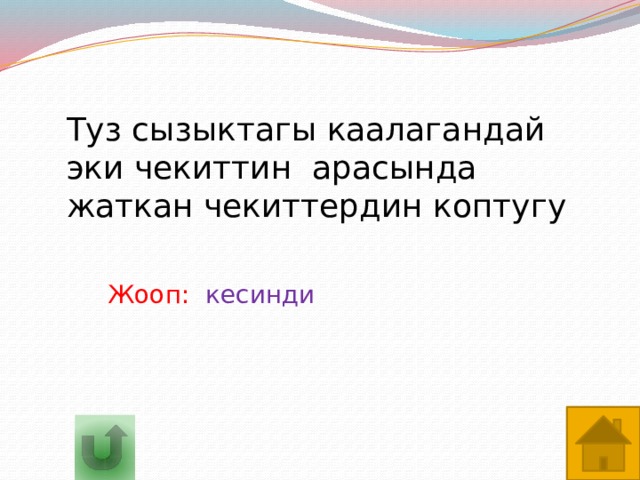 Туз сызыктагы каалагандай эки чекиттин арасында жаткан чекиттердин коптугу Жооп:  кесинди 