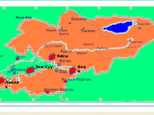 Тогуз-Торо  Олуя-Ата  Сыр-Дарыя Бишкек Кара-Кол Мерке Токмок Кара-Балта Барскоон  Жумгал Ат-Башы Куртка Нарын Чиназ Аксы Ташкент Өзгөн Алай Эки-Суу Кокон ош Кызыл-Коргон Лейлек Доорот-Коргон 6 