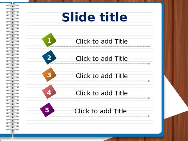 Slide title 1 Click to add Title 2 Click to add Title 3 Click to add Title 4 Click to add Title 5 Click to add Title 