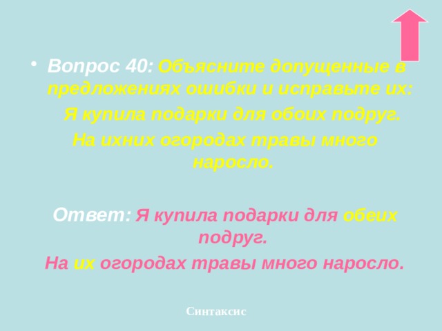  Вопрос 40:  Объясните допущенные в предложениях ошибки и исправьте их:  Я купила подарки для обоих подруг. На ихних огородах травы много наросло.  Ответ:  Я купила подарки для обеих подруг. На их огородах травы много наросло. Синтаксис 