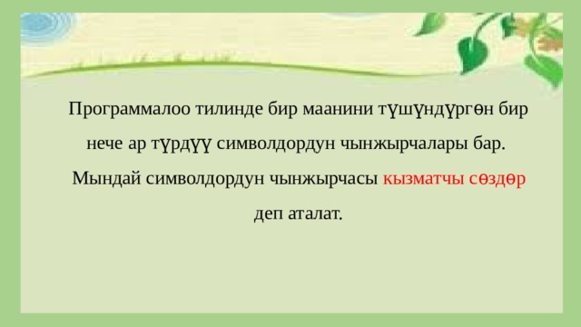 Программалоо тилинде бир маанини түшүндүргѳн бир нече ар түрдүү символдордун чынжырчалары бар. Мындай символдордун чынжырчасы кызматчы сѳздѳр деп аталат. 