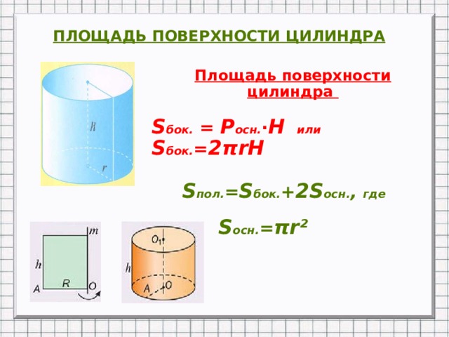 ПЛОЩАДЬ ПОВЕРХНОСТИ ЦИЛИНДРА Площадь поверхности цилиндра  S бок. = Р осн. ∙ Н  или  S бок. = 2π rH   S пол. = S бок. + 2 S осн. , где    S осн. = π r ²  