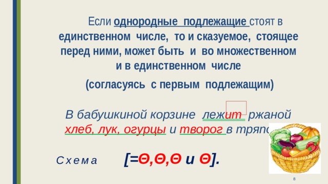  Если однородные подлежащие стоят в единственном числе, то и сказуемое, стоящее перед ними, может быть и во множественном и в единственном числе (согласуясь с первым подлежащим)   В бабушкиной корзине леж ит ржаной хлеб, лук, огурцы и творог  в тряпочке. Схема   [= Θ,Θ,Θ и Θ ].  