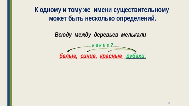 К одному и тому же имени существительному может быть несколько определений.  Всюду между деревьев мелькали какие? белые , синие , красные рубахи.  