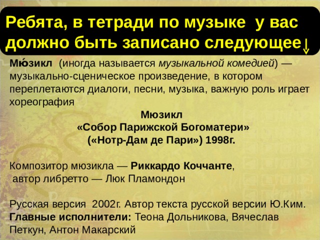 Ребята, в тетради по музыке у вас должно быть записано следующее Мю́зикл   (иногда называется  музыкальной комедией ) — музыкально-сценическое произведение, в котором переплетаются диалоги, песни, музыка, важную роль играет хореография Мюзикл  «Собор Парижской Богоматери» («Нотр-Дам де Пари») 1998г.  Композитор мюзикла — Риккардо Коччанте ,  автор либретто — Люк Пламондон  Русская версия 2002г. Автор текста русской версии Ю.Ким. Главные исполнители: Теона Дольникова, Вячеслав Петкун, Антон Макарский 
