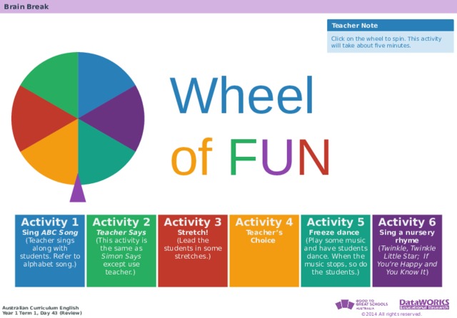 used number 2115 Brain Break Solving Math Problems 1  Determine what the question is asking. 2  Determine the math concept required. 3  Determine relevant information. 4  Solve the problem, then interpret the answer. 5  Check the reasonableness of your answer. Teacher Note Click on the wheel to spin. This activity will take about five minutes. 1920-1980 1980-2040 2040-2100 2100-2160 1800-1860 1860-1920 Wheel   of  F U N Solving Math Problems 1  What am I trying to find? 2  What do I know about this idea? 3  What amounts do I know? 4  Solve the problem or answer the question. 5  Did I answer all parts of the question? Activity 1 Activity 2 Sing ABC  Song Activity 3 (Teacher sings along with students. Refer to alphabet song.) Teacher Says  Activity 4 (This activity is the same as Simon Says except use teacher.) Stretch! Activity 5  (Lead the students in some stretches.) Teacher’s Choice   Freeze dance  (Play some music and have students dance. When the music stops, so do the students.) Activity 6 Sing a nursery rhyme  ( Twinkle, Twinkle Little Star; If You’re Happy and You Know It ) 