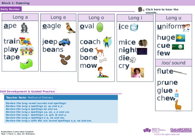 Block 1: Opening Daily Review Click here to hear the sounds. Long a a pe tr ai n pl ay t a p e  Long e e agle j ee p b ea ns Long o o val c oa ch d oe b o n e m ow Long u u niform /oo/ sound h u g e fl u t e c ue  f ew pr u n e gl ue ch ew Long i i ce m i c e n igh t d ie cr y Skill Development & Guided Practice Teacher Note: Method of Delivery Review the long vowel sounds and spellings: Review the long a spellings ai, ay and a_e . Review the long e spellings ee and ea. Review the long o spellings oa, oe, o_e and ow. Review the long i spellings i_e, igh, ie and y. Review the long u spellings u_e, ue and ew. Review the long u with the /oo/ sound spellings u_e, ue and ew.   