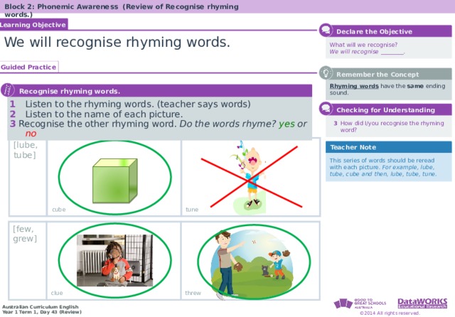 Block 2: Phonemic Awareness (Review of Recognise rhyming words.) Learning Objective Solving Math Problems 1  Determine what the question is asking. 2  Determine the math concept required. 3  Determine relevant information. 4  Solve the problem, then interpret the answer. 5  Check the reasonableness of your answer.  Declare the Objective We will recognise rhyming words.  What will we recognise ? We will recognise ________. Guided Practice  Remember the Concept Rhyming words have the same ending sound .   Recognise rhyming words . 1  Listen to the rhyming words. (teacher says words) 2  Listen to the name of each picture. 3 Recognise the other rhyming word. Do the words rhyme? yes or no   Checking for Understanding  3   How did I/you recognise the rhyming word? [lube, tube] Teacher Note This series of words should be reread with each picture. For example, lube, tube, cube and then, lube, tube, tune. Solving Math Problems 1  What am I trying to find? 2  What do I know about this idea? 3  What amounts do I know? 4  Solve the problem or answer the question. 5  Did I answer all parts of the question? cube tune [few, grew] clue threw 