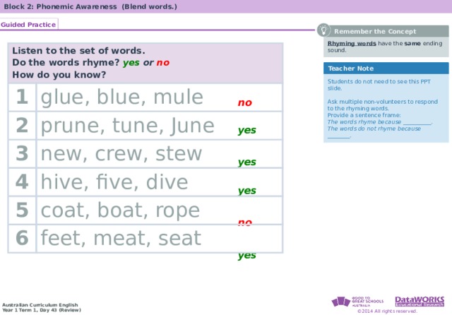 Block 2: Phonemic Awareness (Blend words.) Guided Practice Solving Math Problems 1  Determine what the question is asking. 2  Determine the math concept required. 3  Determine relevant information. 4  Solve the problem, then interpret the answer. 5  Check the reasonableness of your answer.  Remember the Concept Rhyming words have the same ending sound . Listen to the set of words. Do the words rhyme? yes or no  1 How do you know? glue, blue, mule 2 3 prune, tune, June new, crew, stew 4 hive, five, dive 5 coat, boat, rope 6 feet, meat, seat Teacher Note Students do not need to see this PPT slide. Ask multiple non-volunteers to respond to the rhyming words.  Provide a sentence frame: The words rhyme because __________. The words do not rhyme because ________. no  yes  yes  Solving Math Problems 1  What am I trying to find? 2  What do I know about this idea? 3  What amounts do I know? 4  Solve the problem or answer the question. 5  Did I answer all parts of the question? yes  no  yes  