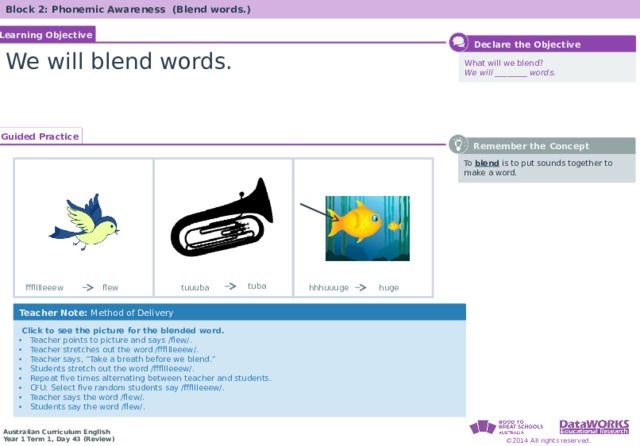 Block 2: Phonemic Awareness (Blend words.) Learning Objective  Declare the Objective We will blend words. What will we blend ? We will ________ words. Guided Practice  Remember the Concept To blend is to put sounds together to make a word . tuba flew hhhuuuge ffflllleeew tuuuba huge Teacher Note: Method of Delivery  Click to see the picture for the blended word. Teacher points to picture and says /flew/. Teacher stretches out the word /fffllleeew/. Teacher says, “Take a breath before we blend.” Students stretch out the word /fffllleeew/. Repeat five times alternating between teacher and students. CFU: Select five random students say /fffllleeew/. Teacher says the word /flew/. Students say the word /flew/. Teacher points to picture and says /flew/. Teacher stretches out the word /fffllleeew/. Teacher says, “Take a breath before we blend.” Students stretch out the word /fffllleeew/. Repeat five times alternating between teacher and students. CFU: Select five random students say /fffllleeew/. Teacher says the word /flew/. Students say the word /flew/. 