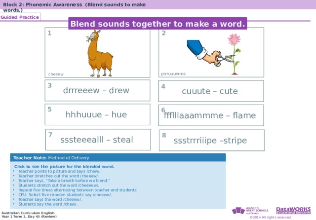 Block 2: Phonemic Awareness (Blend sounds to make words.) Guided Practice Solving Math Problems 1  Determine what the question is asking. 2  Determine the math concept required. 3  Determine relevant information. 4  Solve the problem, then interpret the answer. 5  Check the reasonableness of your answer. Blend sounds together to make a word. 1 2 prrruuunnne cheeew 3 drrreeew – drew 4 cuuute – cute 5 hhhuuue – hue 6 ffflllaaammme – flame Solving Math Problems 1  What am I trying to find? 2  What do I know about this idea? 3  What amounts do I know? 4  Solve the problem or answer the question. 5  Did I answer all parts of the question? 7 sssteeealll – steal 8 ssstrrriiipe –stripe Teacher Note: Method of Delivery  Click to see the picture for the blended word. Teacher points to picture and says /chew/. Teacher stretches out the word /cheeew/. Teacher says, “Take a breath before we blend.” Students stretch out the word /cheeeew/. Repeat five times alternating between teacher and students. CFU: Select five random students say /cheeew/. Teacher says the word /cheeew/. Students say the word /chew/. Teacher points to picture and says /chew/. Teacher stretches out the word /cheeew/. Teacher says, “Take a breath before we blend.” Students stretch out the word /cheeeew/. Repeat five times alternating between teacher and students. CFU: Select five random students say /cheeew/. Teacher says the word /cheeew/. Students say the word /chew/. 