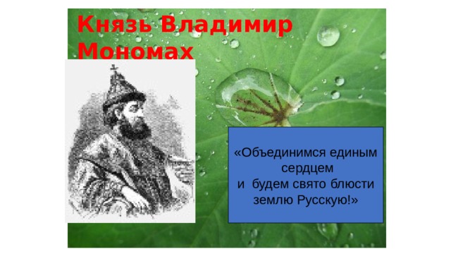 Князь Владимир Мономах «Объединимся единым  сердцем и будем свято блюсти землю Русскую!» 