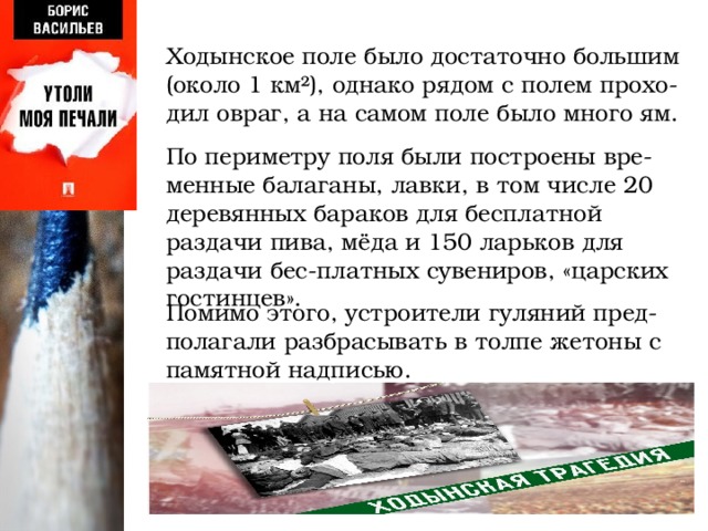 Ходынское поле было достаточно большим (около 1 км²), однако рядом с полем прохо- дил овраг, а на самом поле было много ям.   По периметру поля были построены вре- менные балаганы, лавки, в том числе 20 деревянных бараков для бесплатной раздачи пива, мёда и 150 ларьков для раздачи бес-платных сувениров, «царских гостинцев». Помимо этого, устроители гуляний пред-полагали разбрасывать в толпе жетоны с памятной надписью. 